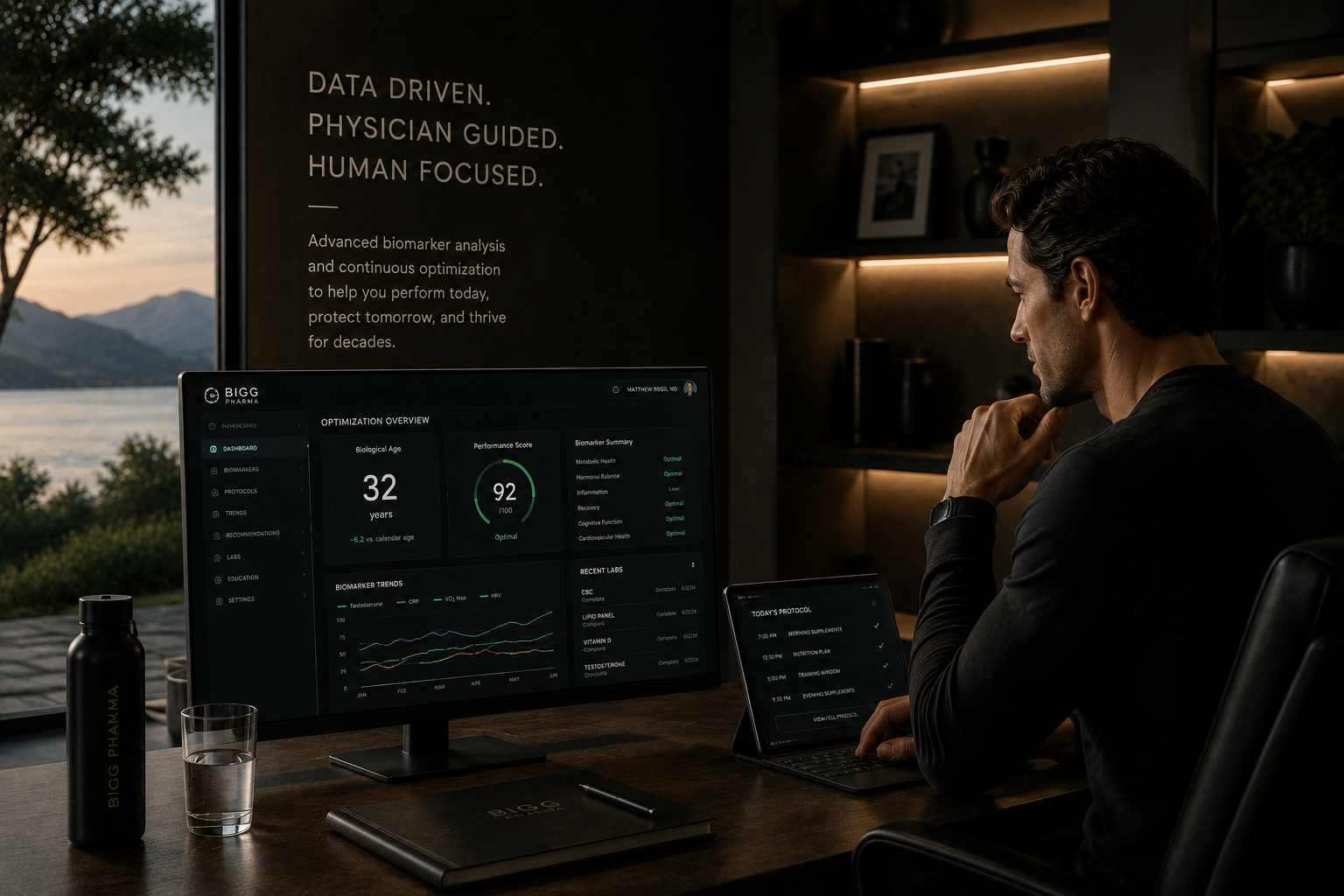 BIGG Pharma client dashboard — data driven, physician guided, human focused health optimization