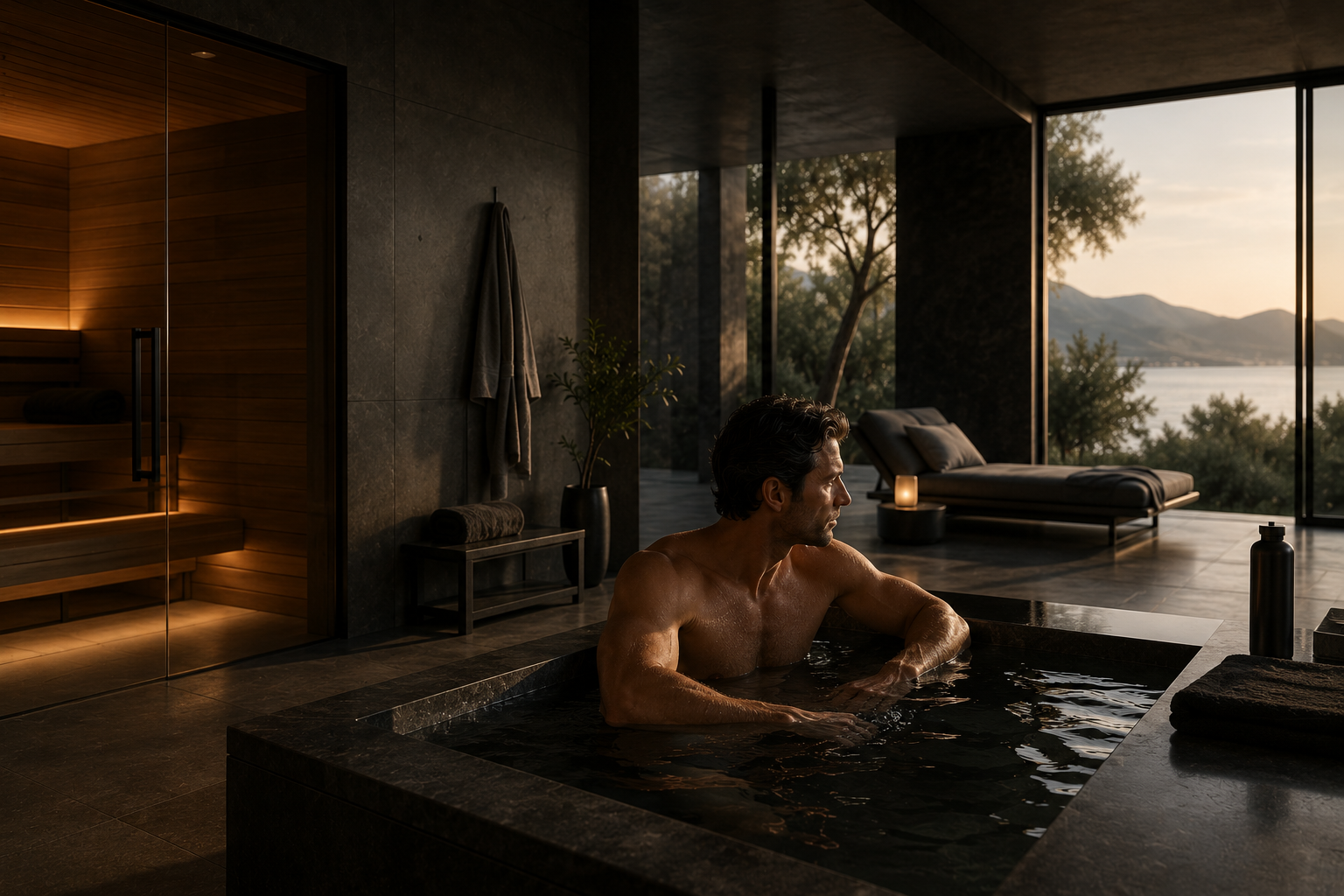 Recovery and longevity — therapeutic cold plunge in a premium spa environment at sunset