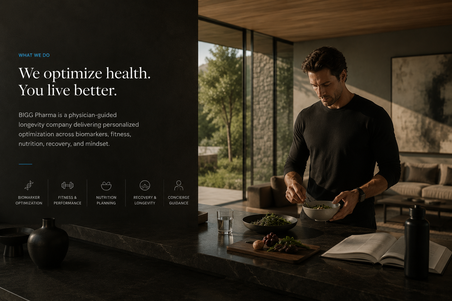 BIGG Pharma — personalized health optimization across biomarkers, fitness, nutrition, recovery, and concierge guidance